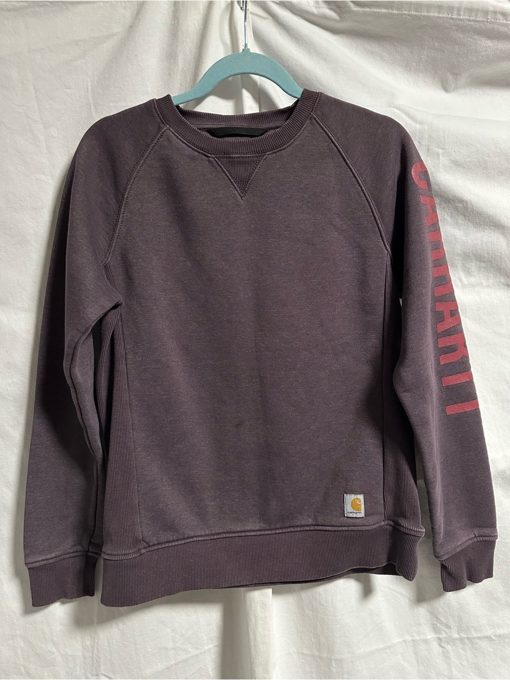 Carhartt Women's Crewneck Sweatshirt in Deep Plum with Pink Sleeve Logo